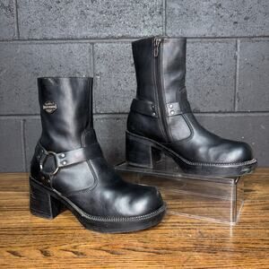 Vintage Y2K Harley Davidson Biker Boots Chunky Black Leather Harness Women’s 7.5